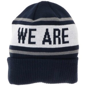navy, white, gray knit cuffed beanie with We Are on front